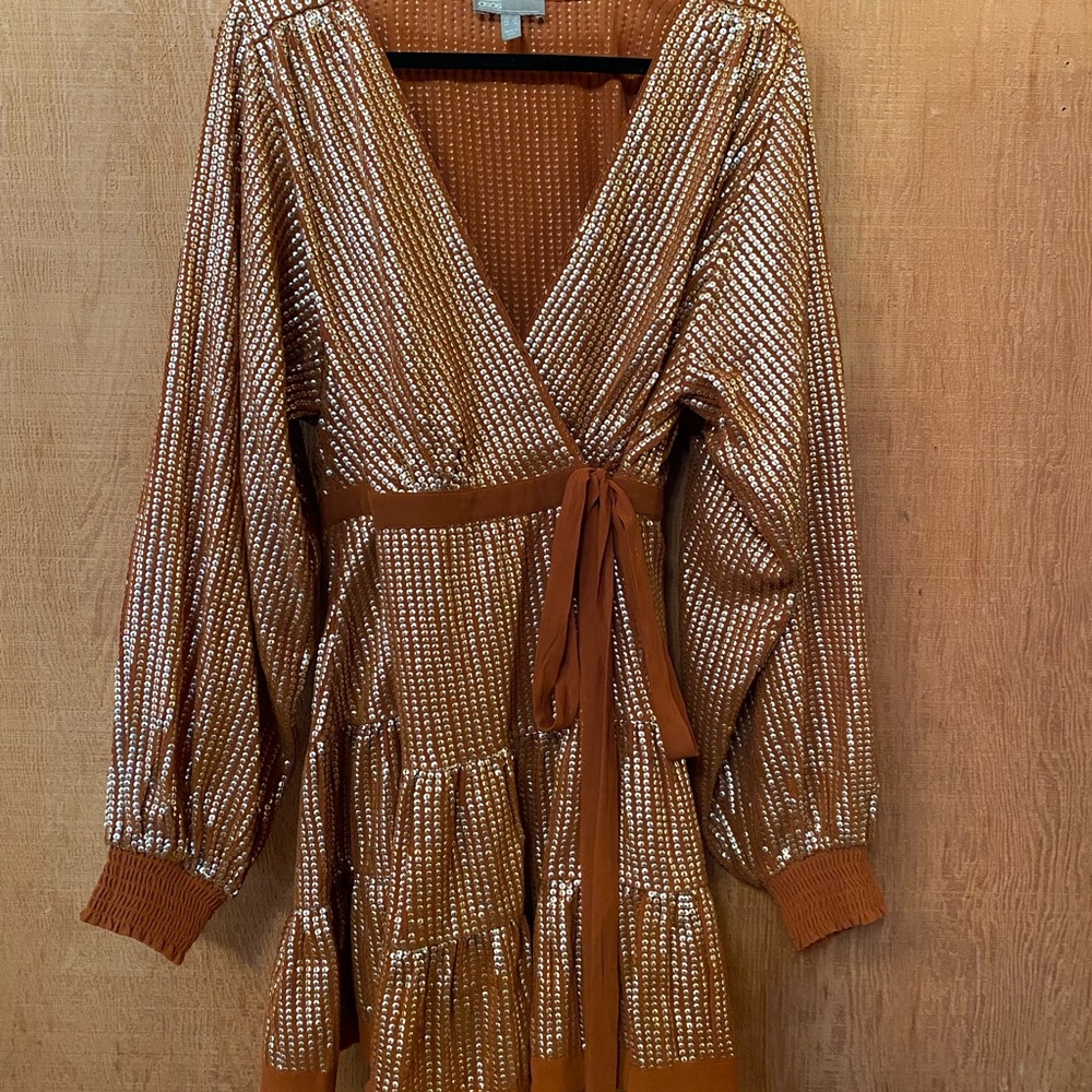 Copper and Gold Sequin Wrap Dress.